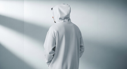 A caucasian adult male wearing a plain light gray hoodie stands with his back to the camera, casting a subtle shadow on the wall.