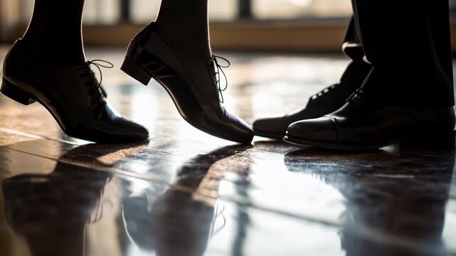 Tango dance couple feet leather oxford shoe with heel polished floor reflection romance rhythm elegance silhouette soft light urban studio grace