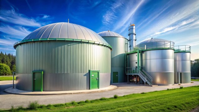 Modern Biogas Plant Sustainable Energy Production Facility with Multiple Domed Digesters and Associated Equipment Under a Bright Sky