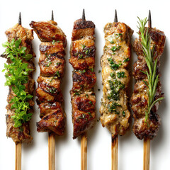Gegrillte Fleischspieße auf Holzspießen, isoliert auf weißem Hintergrund