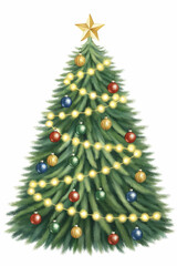 Fototapeta premium Watercolor Festive Christmas Tree with Ornaments and Lights