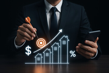 Businessman in suit holding dart and mobile phone with glowing line graph showing houses dollar sign and percentage for real estate investment success target profit and growth chart