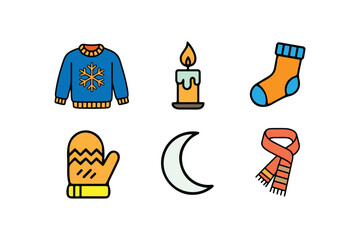 Colorful Winter Sweater Candle Sock Mitten Moon and Scarf Vector Icon Illustration on White Background.