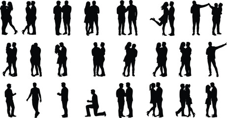 Couple silhouette collection, romantic poses and affectionate gestures, flat vector illustration, cad drawing, black and white relationship design