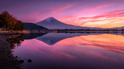 Iconic Mount Fuji Reflection at Sunset with Vibrant Sky