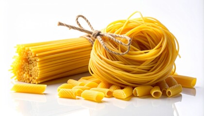 Dried Pasta Variety Nest Spaghetti and Macaroni on White Background