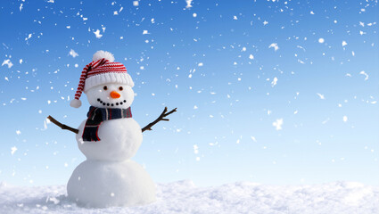 A cheerful snowman with a striped hat and scarf stands in a white winter scene. Snowflakes gently fall from the bright blue sky. Generative AI.
