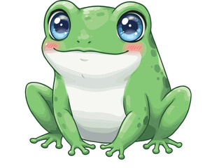Cute cartoon frog with blue eyes, white belly, green skin, blush cheeks, sitting pose, whimsical animal illustration, kids design