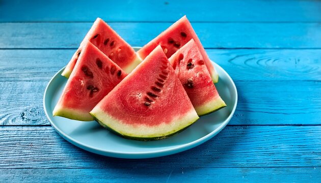 Slices Of Watermelon On Blue Wooden Desk