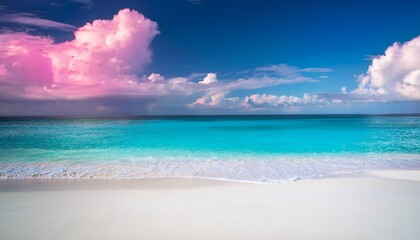 Fototapeta premium A Tropical Paradise Beach With White Sand Azure Sea And Pink Clouds