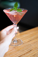 Pink Cocktail in Martini Glass with Mint