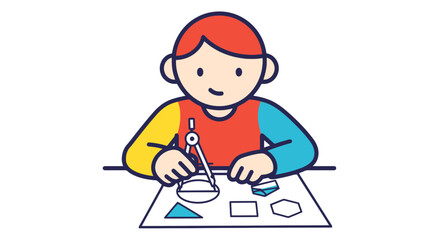 Cartoon Youngster Sketching Shapes Using A Compass On White Paper With Black Background