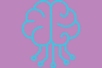 Abstract digital brain illustration with glowing turquoise and pink gradient on a soft purple background