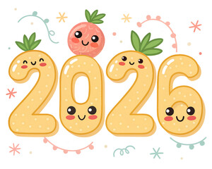 Fototapeta premium Cute 2026 Pineapple Characters, Fun New Year Illustration