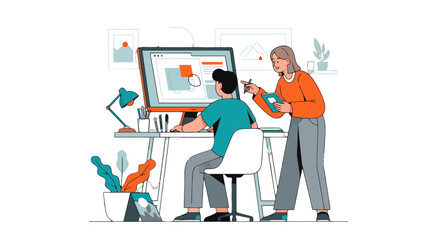 Colleagues Collaborating On Computer With Digital Tablet During A Project Discussion