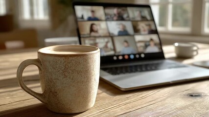 Remote work setup with a coffee mug and a laptop showing a video conference. Virtual team meeting from a home office. Online business communication concept