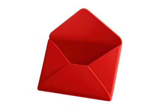 Red open envelope 3d icon for receiving mail, special messages, or love letters on transparent background