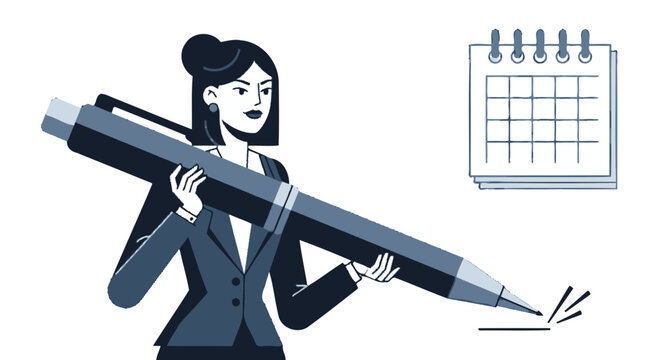 Businesswoman Using Giant Pen to Mark a Calendar Conceptualizing Planning and Organization