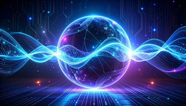 Neon futuristic 3d sphere of blue and purple glowing digital waves and particles.