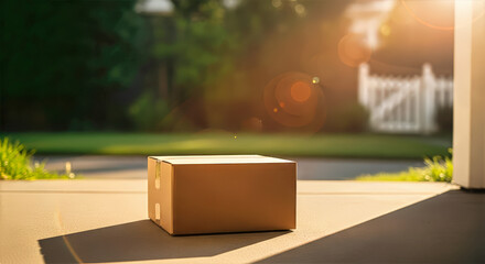 Cardboard parcel left on sunny doorstep, a perfect find for upcoming Cyber Monday sale. Soft flare highlights cardboard parcel, sitting near blurred garden fence, hinting at surprise.