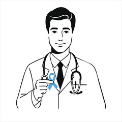 Smiling male doctor in a lab coat holding a blue awareness ribbon for prostate cancer and men's health support.