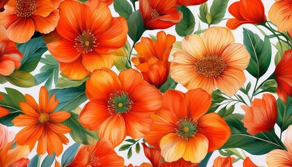 Fototapeta premium Orange Flower Seamless Pattern Floral Background Featuring A Variety Of Wildflowers In A Watercolor Style Bright And Vibrant Colors Perfect For Fabric Patterns Backgrounds And Gift Wrap Designs