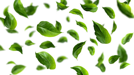 Falling Green Leaves Background | Fresh Floating Organic Foliage on Light Gray Backdrop, Isolated on transparent background