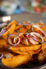 Spicy Potato Wedges with Red Onion Rings
