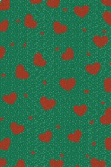 Red Hearts on Green Background with Snow Dots – Festive Romantic Wallpaper