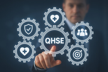 A businessman is touching a central cogwheel with qhse quality health safety environment surrounded by related icons focusing on business management standards and regulatory compliance