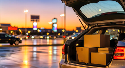 Cyber Monday sale at mall parking, trunk boxes during dusk with colorful sky, taillight bokeh. Cyber Monday sale means packed boxes, a shopping spree near city lights, and deals galore.