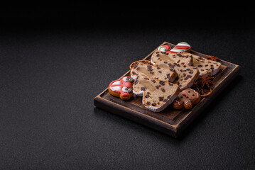 Stollen, a German Christmas pastry for the winter holidays. Stollen as a food background