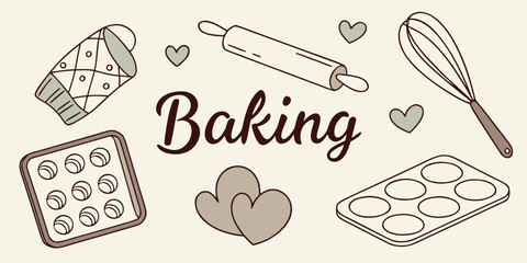 Delightful baking themed design featuring kitchen tools and hearts for sweet creations at home