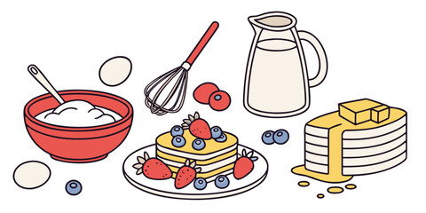 Pancake breakfast illustration featuring batter bowl, fresh fruit and syrup for a sweet start to the day