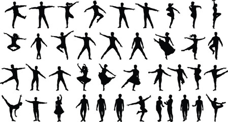 Dance pose silhouette set, expressive human movement collection, flat vector illustration, cad drawing, black and white dynamic figure design