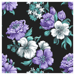 This stunning seamless floral pattern displays a refined mix of lavender, violet, and white flowers accentuated by cool teal green leaves on a dark gray background. The hand-drawn floral details.