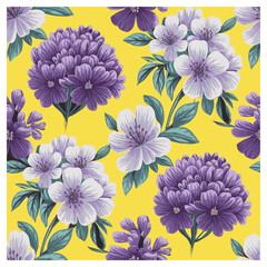 This vibrant seamless floral pattern features lush purple and lavender blossoms paired with soft green leaves set against a bright golden-yellow background. The striking color contrast creates.