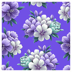 This seamless floral pattern presents an enchanting combination of lavender, violet, and white flowers surrounded by teal green leaves on a bright lilac background.