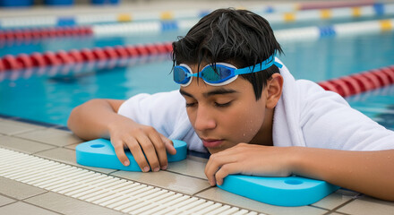 Tired young male swimmer resting on a kickboard at the poolside after an intense training session in the swimming pool
