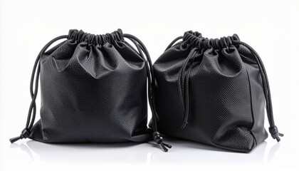 Naklejka premium Two Shiny Black Drawstring Bags on White Background for Packaging