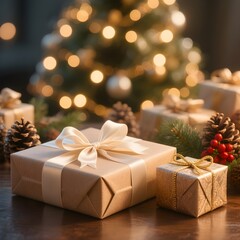 Luxurious Christmas gift boxes wrapped in elegant embossed golden and ivory patterned paper, tied with a large satin ribbon and glittering bow generated with AI