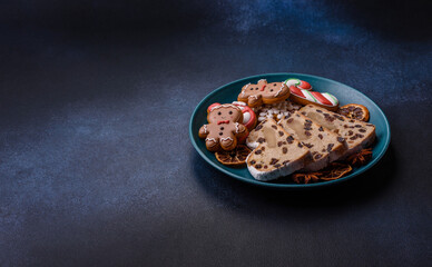 Stollen, a German Christmas pastry for the winter holidays. Stollen as a food background