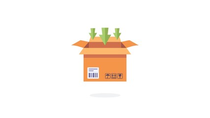4K animation of A Bright orange cardboard box sits open with green arrows above, suggesting unpacking, packing, and delivery. Ideal for topics on shipping, logistics, ecommerce, and product packaging. - Powered by Adobe