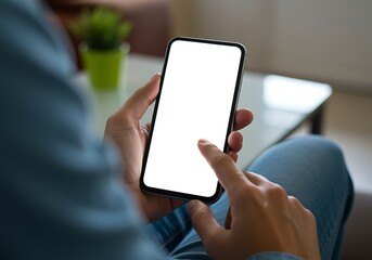 Person Holding and Interacting with a Smartphone Featuring a Blank Screen, Sitting in a Relaxed Indoor Setting with a Small Green Plant in the Background