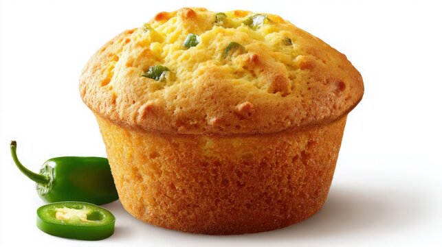 cornbread muffin with jalapeno bits on a white background