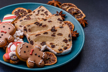 Stollen, a German Christmas pastry for the winter holidays. Stollen as a food background