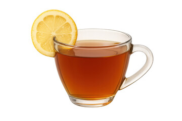Hot tea with lemon slice in glass cup