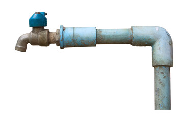 Old water tap closed with blue handle isolated
