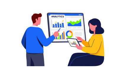 Business Colleagues Analyzing Information Depicted On A Screen Regarding Data Analytics