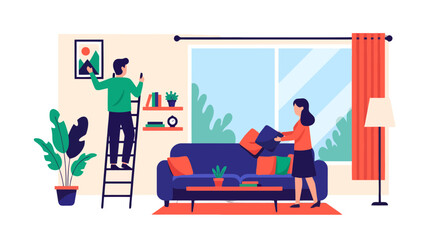 Couple Decorating Their New Apartment, Creating A Cozy And Stylish Living Space Design